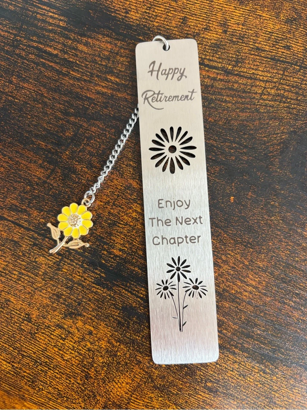 Silver Retirement Bookmark with Yellow Flower Charm